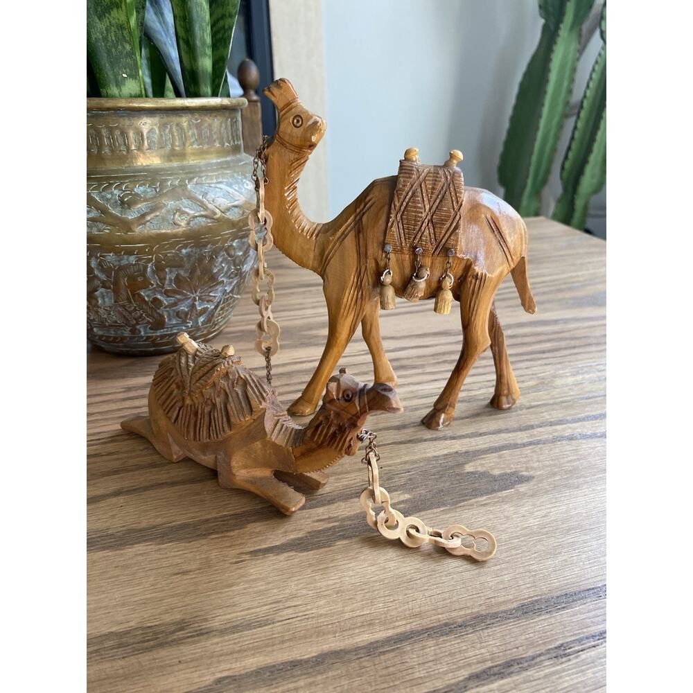 Vintage Hand Carved Olive Wood Camel Figurines Nativity Camels Set Of 2